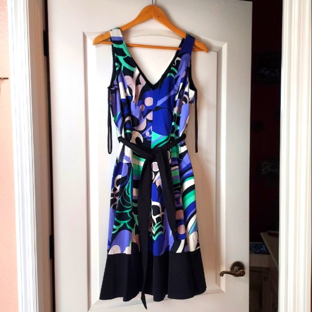 Nine West PleatedElegant Multicolor Dress with Black Accents Size 10